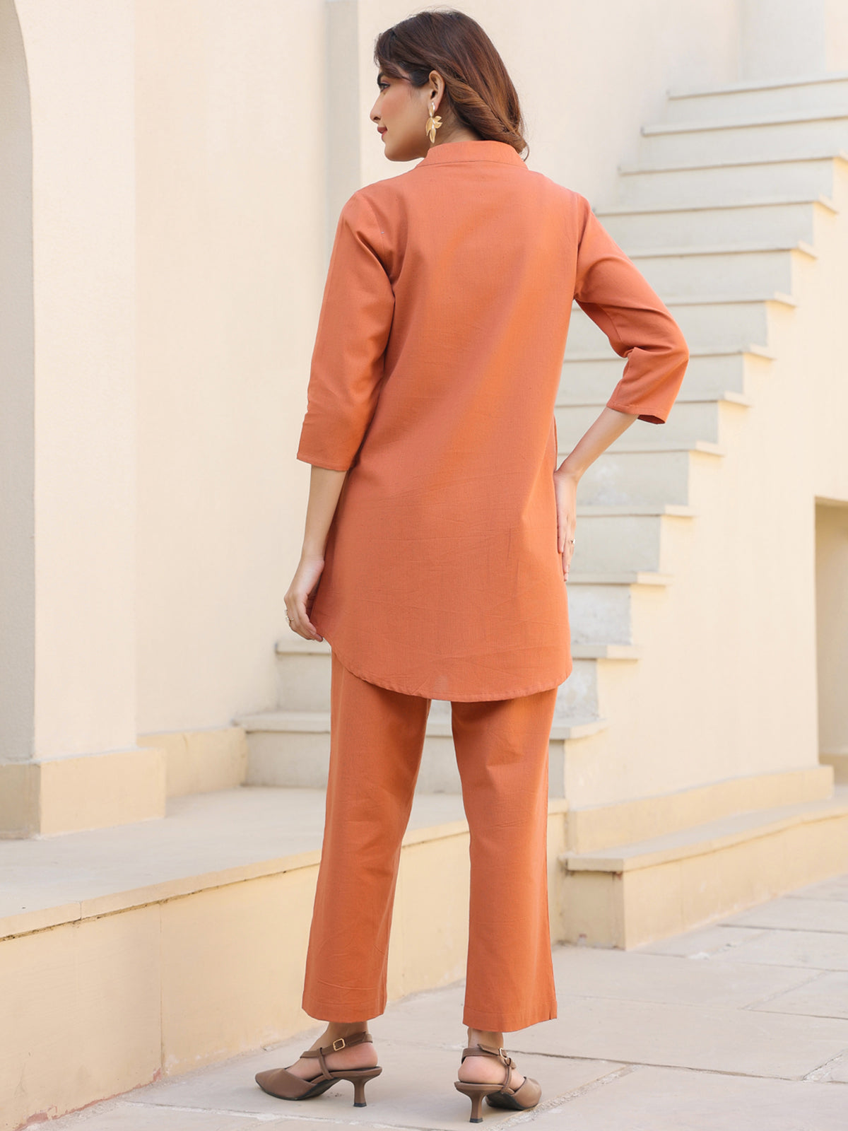 Janasya Dark Cotton Solid A-Line Top & Bottom Set