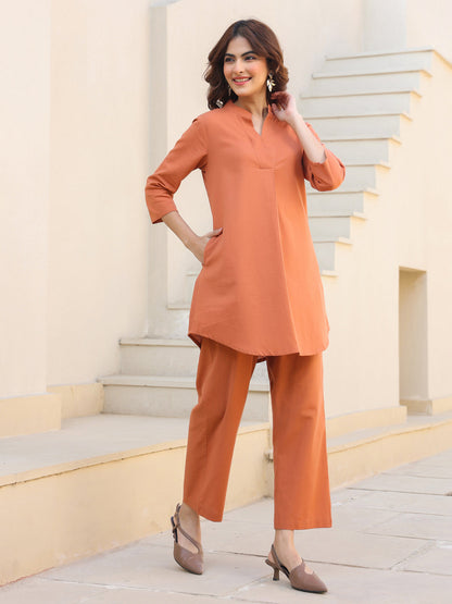 Janasya Dark Cotton Solid A-Line Top & Bottom Set