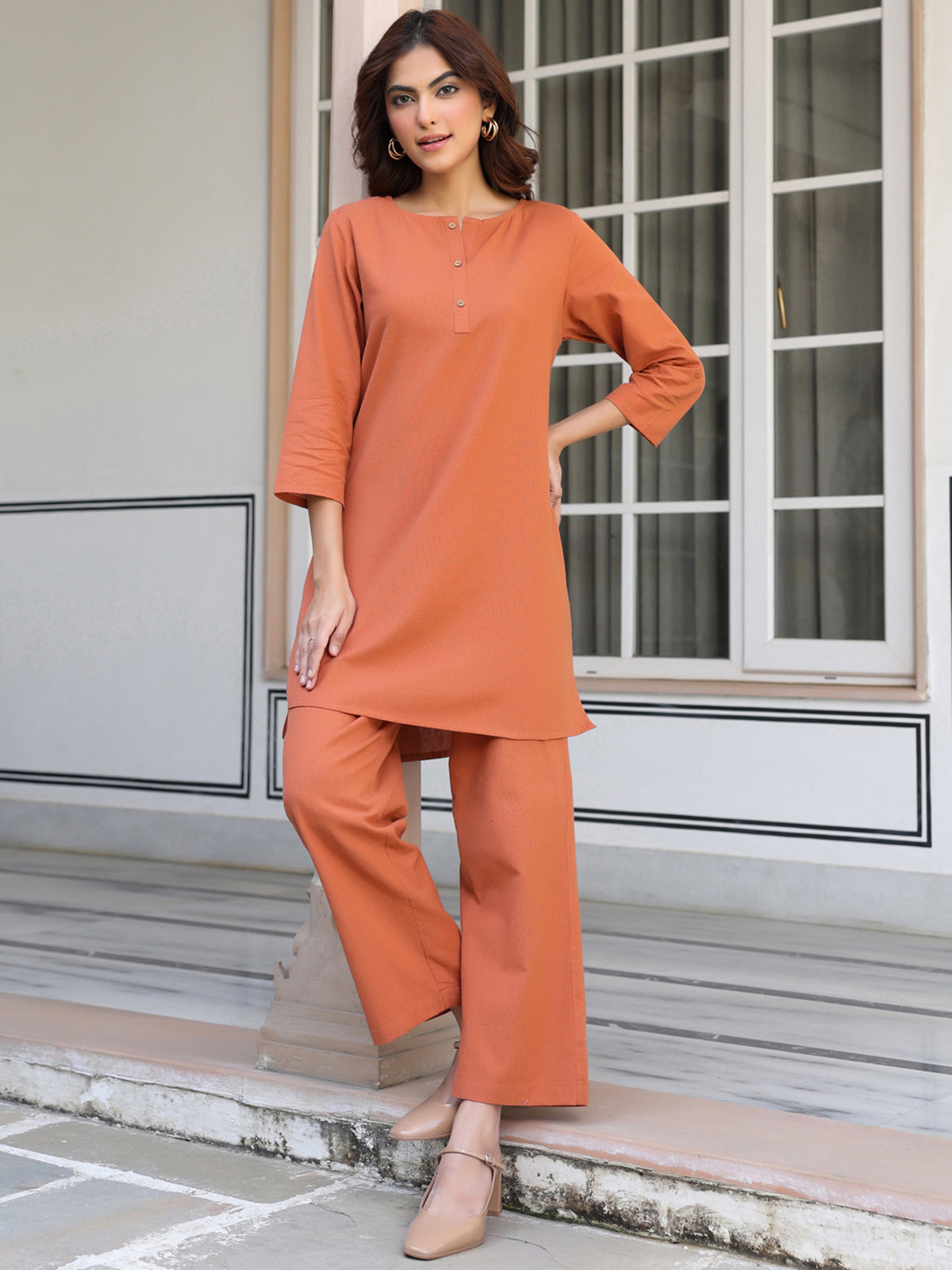 Janasya Dark Cotton Solid A-Line Top & Bottom Set