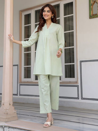Janasya Light Cotton Solid A-Line Top & Bottom Set