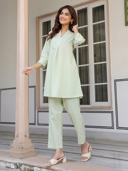 Janasya Light Cotton Solid A-Line Top & Bottom Set