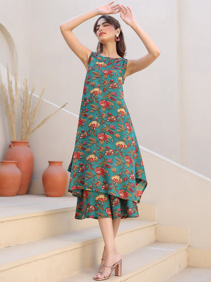 Janasya Dark Rayon Floral A-Line Top & Bottom Set
