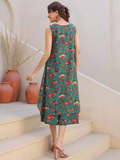 Janasya Dark Rayon Floral A-Line Top & Bottom Set