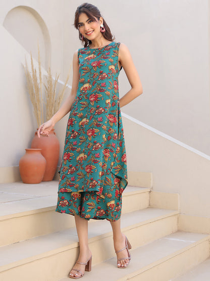 Janasya Dark Rayon Floral A-Line Top & Bottom Set