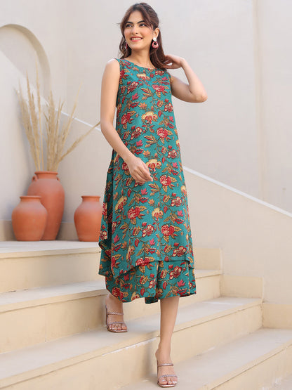 Janasya Dark Rayon Floral A-Line Top & Bottom Set
