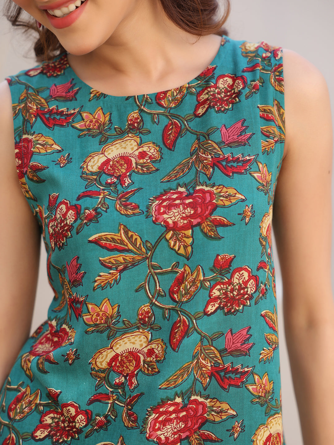 Janasya Dark Rayon Floral A-Line Top & Bottom Set