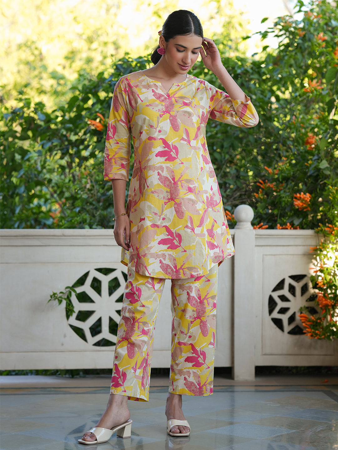 Janasya Bright Cotton Floral Straight Top & Bottom Set