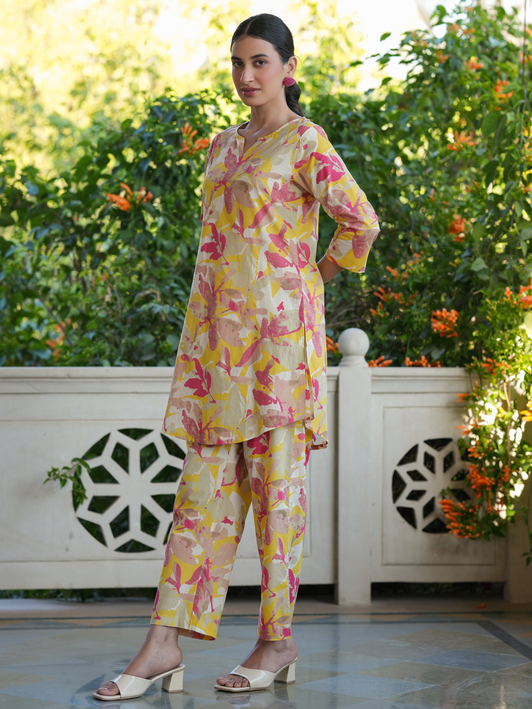Janasya Bright Cotton Floral Straight Top & Bottom Set
