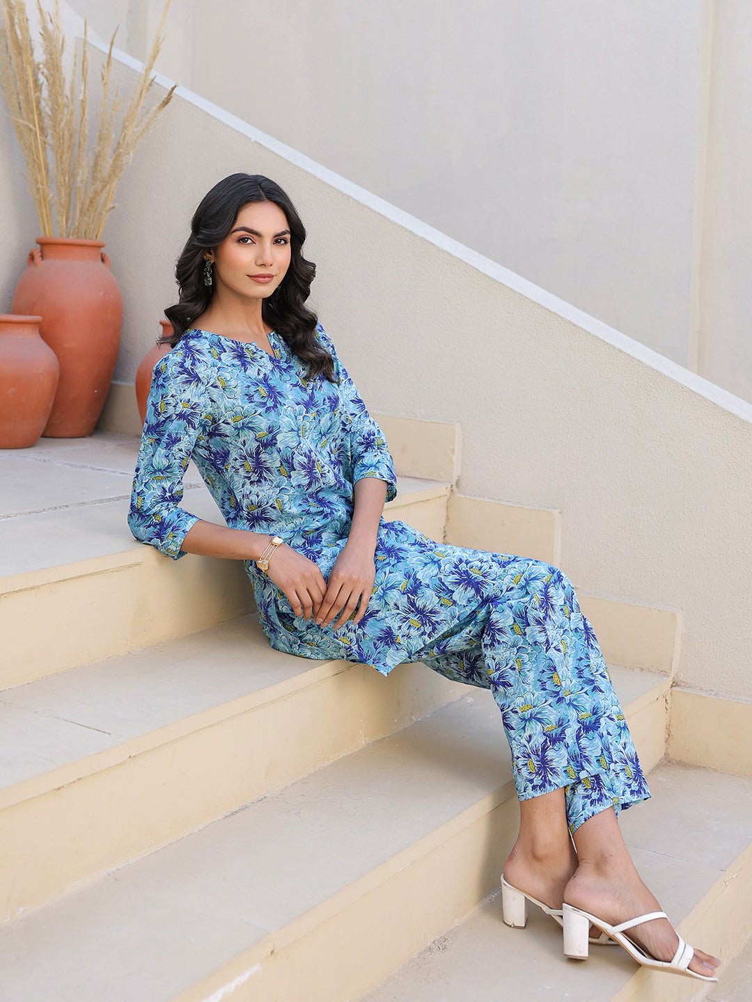 Janasya Bright Cotton Floral Straight Top & Bottom Set