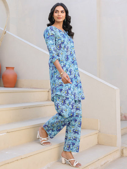 Janasya Bright Cotton Floral Straight Top & Bottom Set