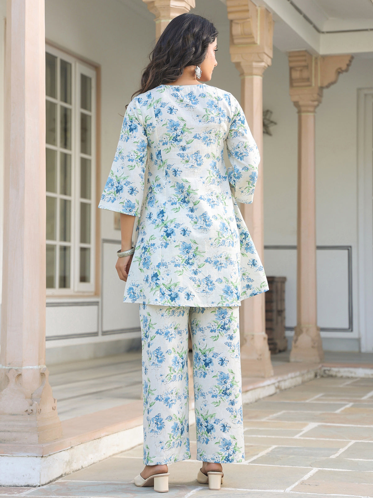 Janasya Light Cotton Yoke Embroidery A-Line Top & Bottom Set