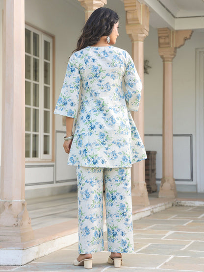Janasya Light Cotton Yoke Embroidery A-Line Top & Bottom Set