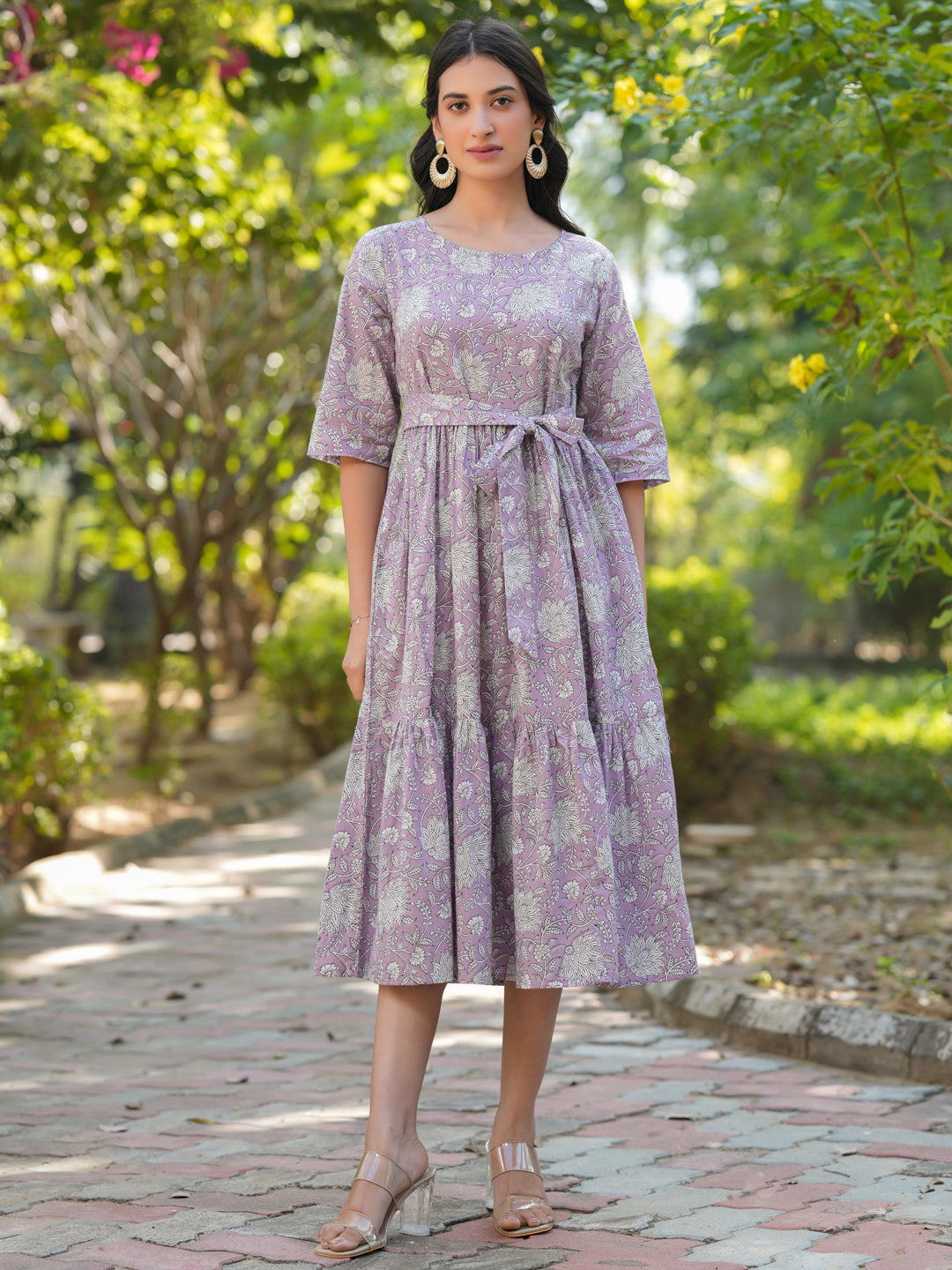 Janasya Light Cotton Floral Tiered Dress