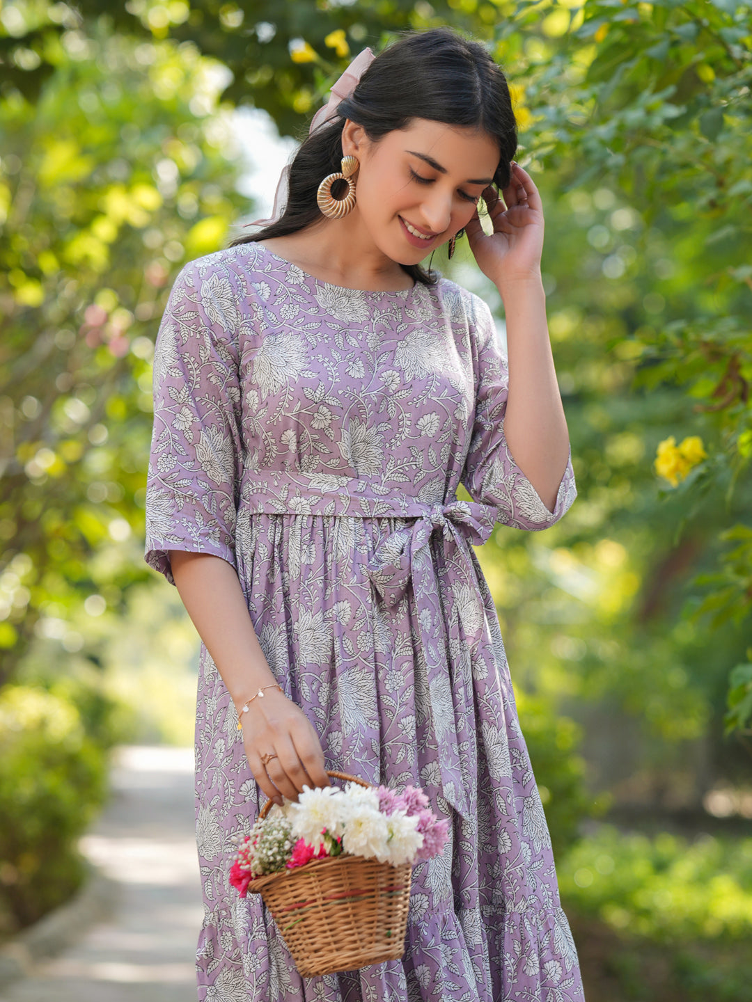 Janasya Light Cotton Floral Tiered Dress