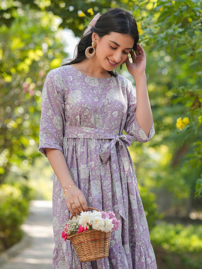 Janasya Light Cotton Floral Tiered Dress