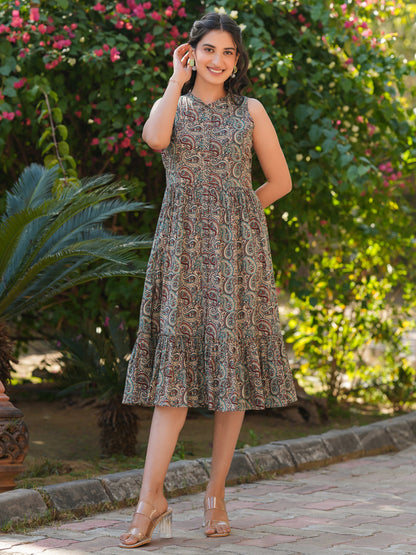 Janasya Dark Cotton Paisley A-Line Dress