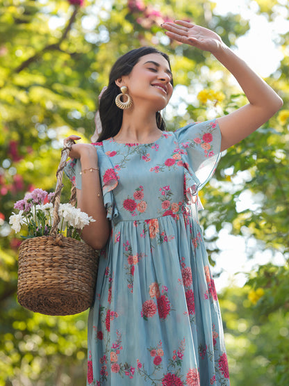 Janasya Bright Georgette Floral Tiered Dress