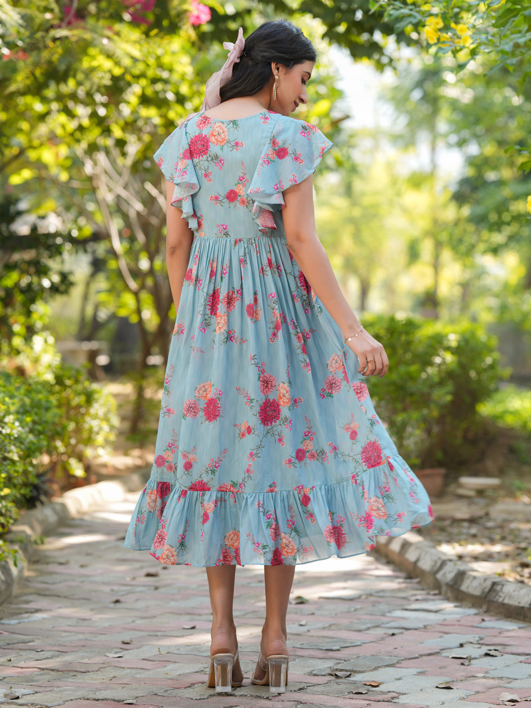 Janasya Bright Georgette Floral Tiered Dress