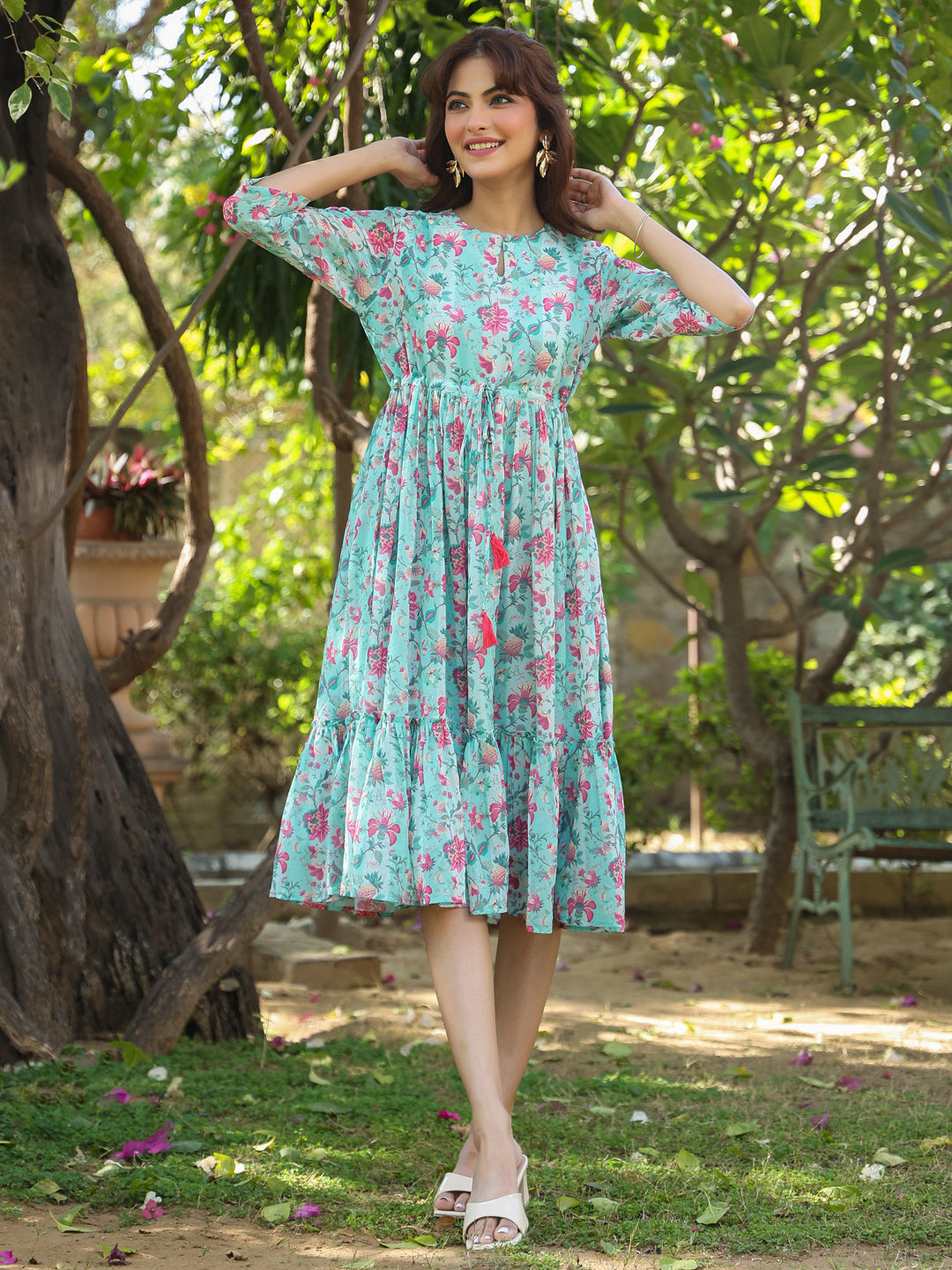 Janasya Bright Georgette Floral Tiered Dress
