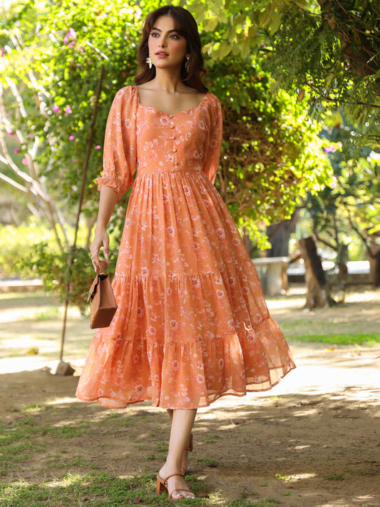 Janasya Bright Georgette Floral Tiered Dress