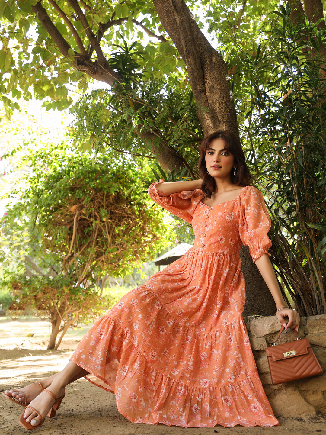Janasya Bright Georgette Floral Tiered Dress