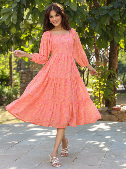 Janasya Light Georgette Floral Tiered Dress