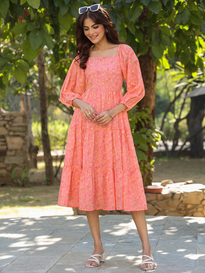 Janasya Light Georgette Floral Tiered Dress