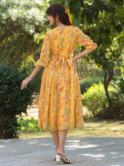Janasya Bright Georgette Floral Gathered Dress