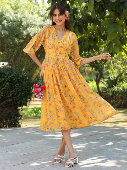 Janasya Bright Georgette Floral Gathered Dress