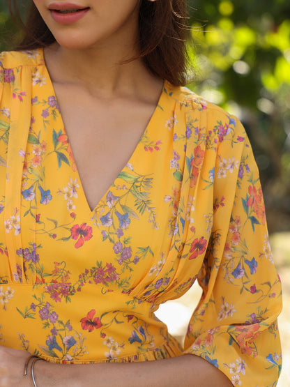 Janasya Bright Georgette Floral Gathered Dress