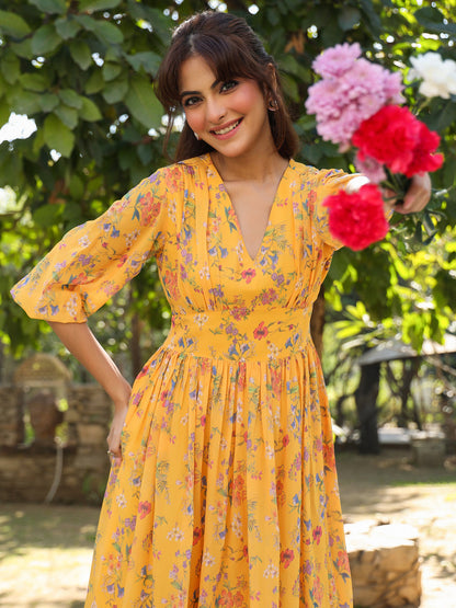 Janasya Bright Georgette Floral Gathered Dress
