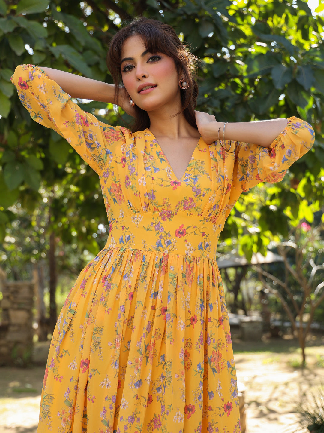 Janasya Bright Georgette Floral Gathered Dress