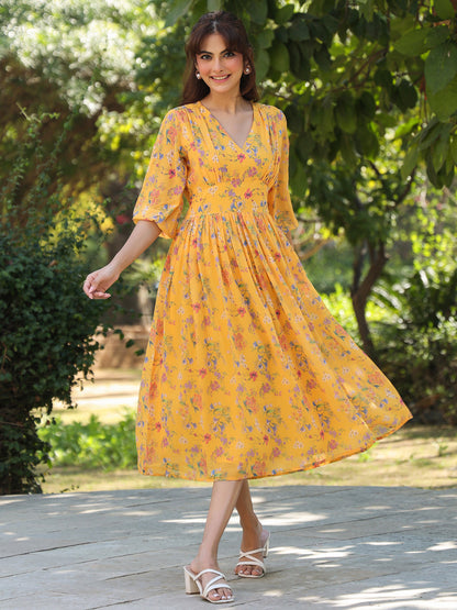 Janasya Bright Georgette Floral Gathered Dress