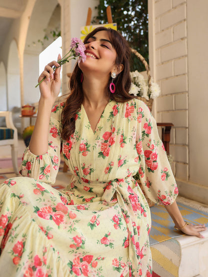 Janasya Bright Georgette Floral Fit & Flare Dress