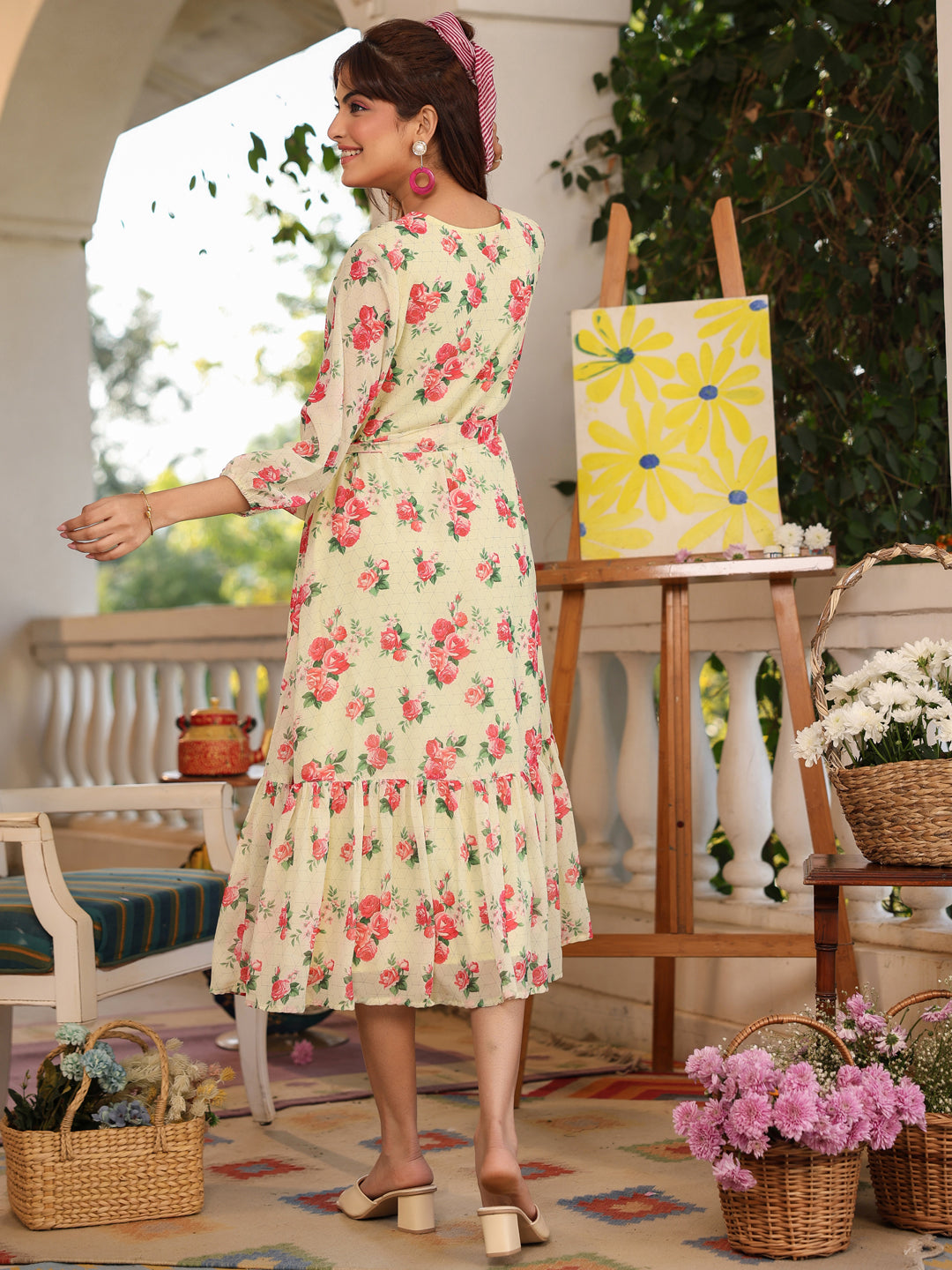 Janasya Bright Georgette Floral Fit & Flare Dress