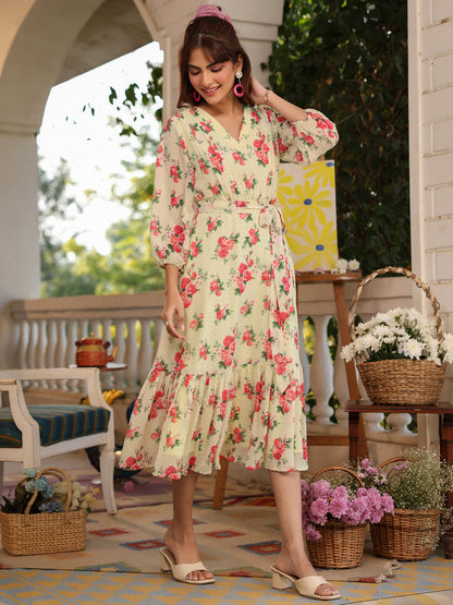 Janasya Bright Georgette Floral Fit & Flare Dress