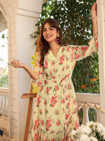 Janasya Bright Georgette Floral Fit & Flare Dress