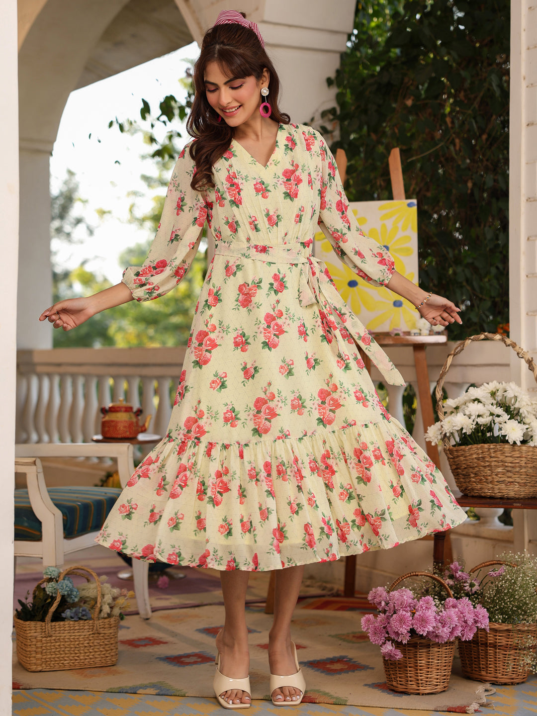 Janasya Bright Georgette Floral Fit & Flare Dress