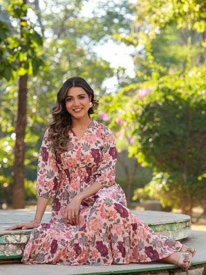 Janasya Light Georgette Floral Fit & Flare Dress