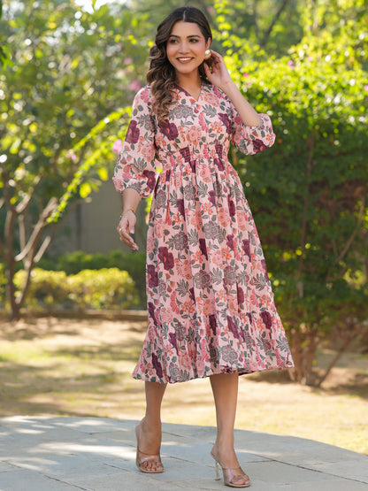 Janasya Light Georgette Floral Fit & Flare Dress