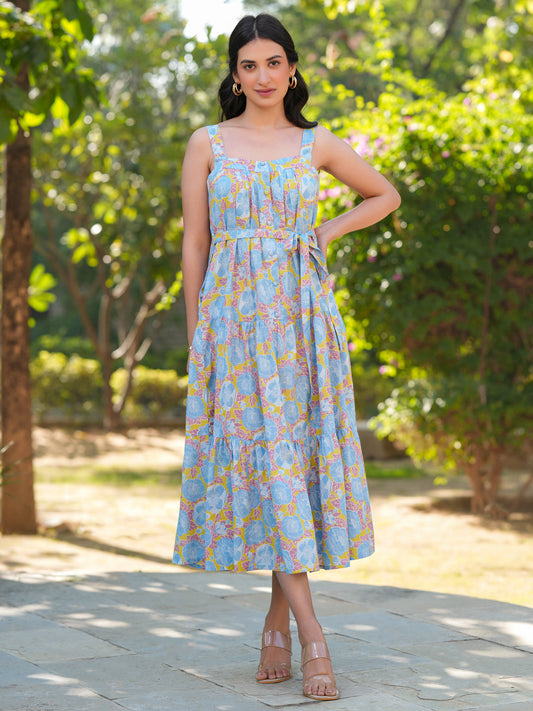 Janasya Light Cotton Floral Tiered Dress