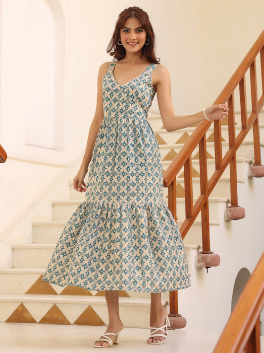 Janasya Light Cotton Ethnic Motifs Tiered Dress
