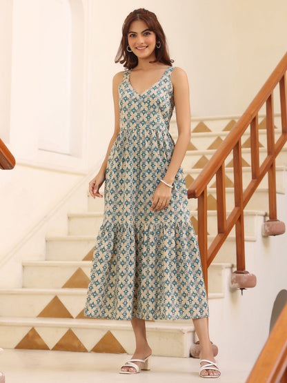 Janasya Light Cotton Ethnic Motifs Tiered Dress