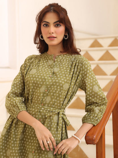 Janasya Dark Cotton Floral A-Line Dress