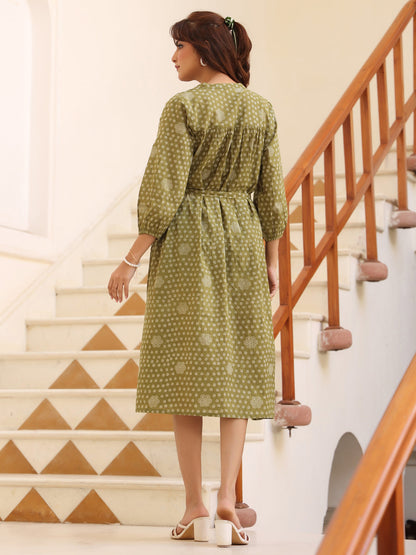 Janasya Dark Cotton Floral A-Line Dress