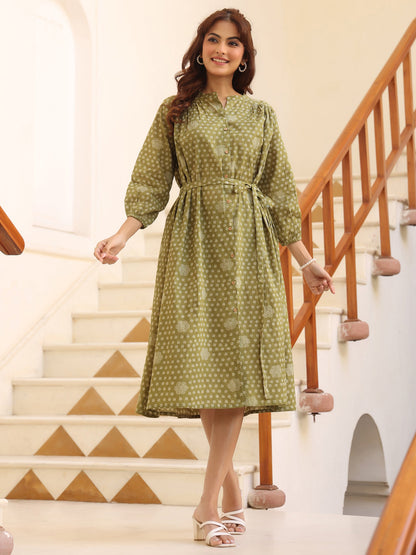 Janasya Dark Cotton Floral A-Line Dress