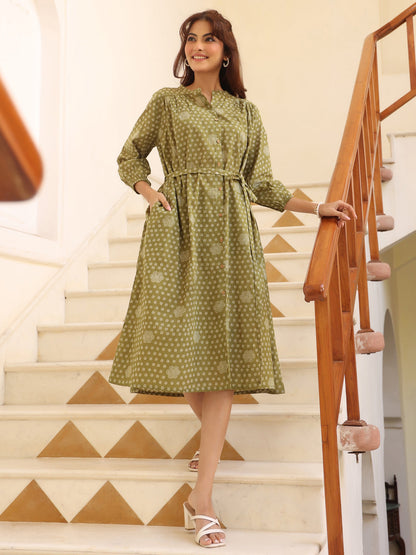 Janasya Dark Cotton Floral A-Line Dress