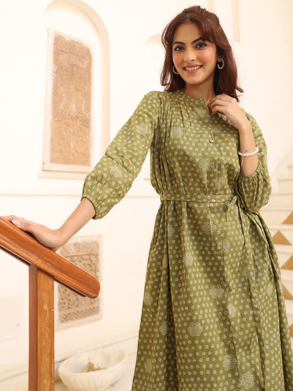 Janasya Dark Cotton Floral A-Line Dress