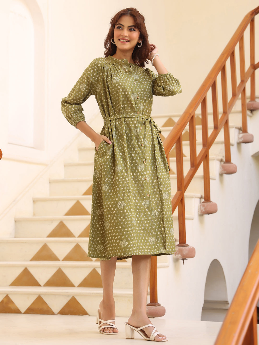 Janasya Dark Cotton Floral A-Line Dress