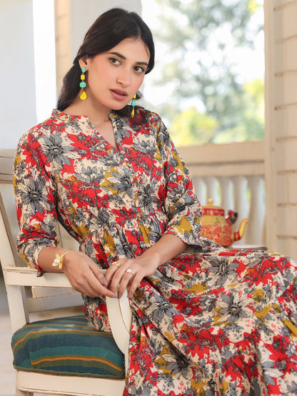 Janasya Dark Cotton Floral Tiered Dress
